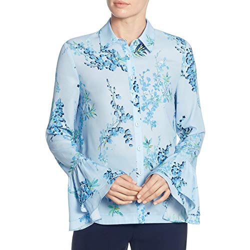 T Tahari Womens Floral Print Bell Sleeves Button-Down Top, Azure Blue Multi L