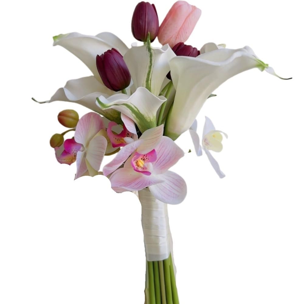 HUFFA Artificial Flower Bouquet for Home Decoration - Elegant Tulips and Calla Lilies for Weddings and Events(Color15)