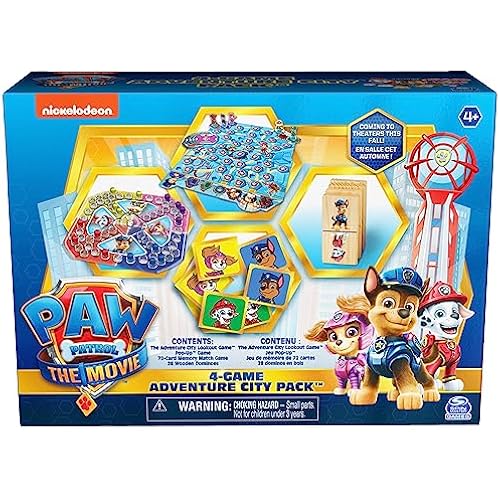 PAW Patrol: The Movie, 4-Game Adventure City Pack Memory Match, Pop-Up, Wooden Dominoes, & Lookout Games, PAW Patrol Toys for Kids Ages 4 and up