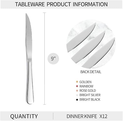 Miniatura 7 de Xingjiake Juego de 12 cuchillos de carne dorados de 12 piezas, cuchillos de carne de acero inoxidable, cuchillo de mantequilla dentada, juego de