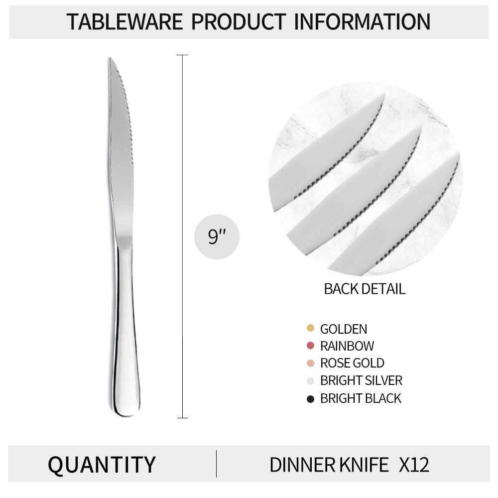 Xingjiake 12-piece Bright Silver Steak Knives, Steak Knives Set Of 12, Stainless Steel Dinner Knives Set, Steak Knife Set, Serrated Butter Knife, Dishwasher Safe