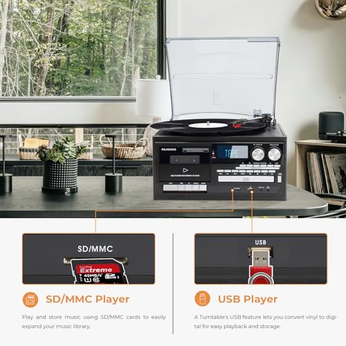 Vintage 9-in-1 Record Player Turntable with Bluetooth, AM/FM Radio, CD & Cassette Player, USB/SD Playback, Remote Control, Aux & RCA Inputs, Headphone Jack – Classic Audio System for Music Lovers - Thumbnail 6