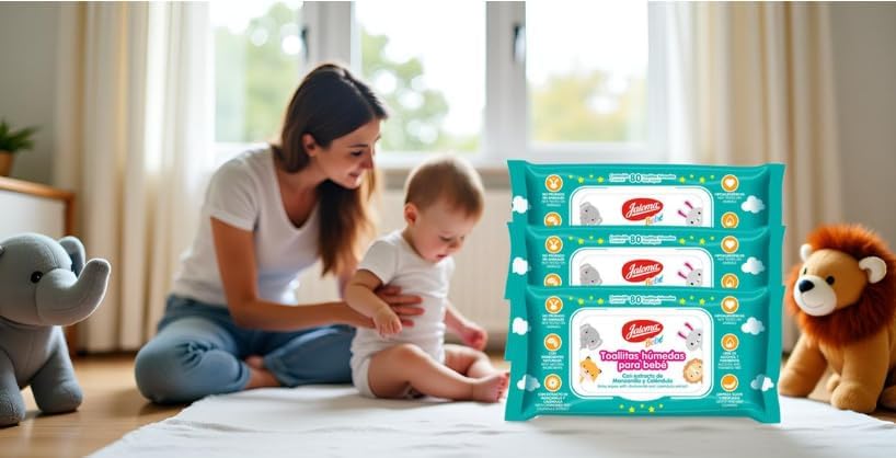 Miniatura 5 de JALOMA Toallitas para bebés con extracto de manzanilla y caléndula, hipoalergénicas y sin parabenos, paquete de 3, 80 unidades cada una