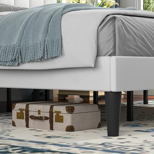 Image of VECELO King Size Bed Frame with Upholstered Headboard, Velvet Platform Bedframe Mattress Foundation, Strong Wood Slat Support, No Box Spring Needed,White
