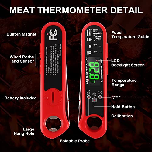 3 In 1 Digital Meat Thermometer, Instant Read Food Thermometer With 2 Detachable Wired Probe, Calibration, Alarm Function, Lcd Backlight For Grilling, Cooking, Bbq, Kitchen #TOP5