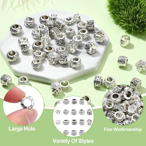 Stiesy 100Pcs 10 Styles Antique Silver Large Hole Beads Vintage European Beads Tibetan Macrame Spacer Loose Beads for DIY Snake Chain Bracelet Jewelry Making - Image 4