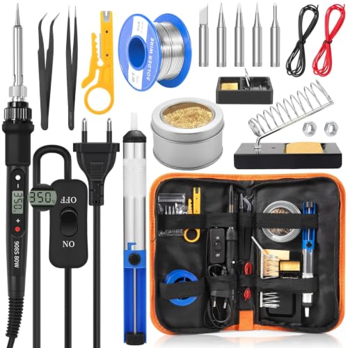 DEPAR Kit de soldadura de hierro 80W (350 ℃ -500 ℃), 17 en 1 kit de soldadura con uno/apagado, 5 puntas de soldadura, bomba de dirección, pistón de soldadura, pinzas, pinzas soldadores
