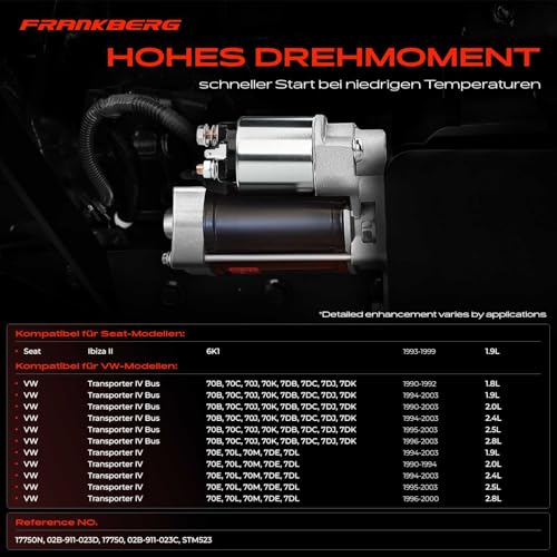 Motor de arranque 1.8 KW Frankberg para solucionar fallos de encendido en Transporter IV 3