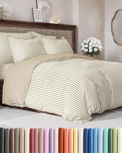 Image of Duvet Cover Oversized King - 3 Piece w / Zipper Closure - Beige Stripes