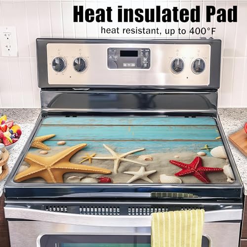 Image of Starfish Seashells Stove Top Covers for Electric Stove,Blue Wood Board Glass Top Stove Cover, Heat Resistant Range Covers for Electric Stove,Washable Countertop Mat, 28 x 20 Inch