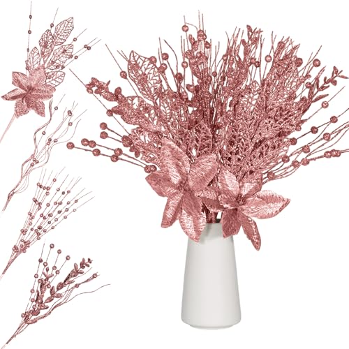 Syhood 30 Pack Christmas Tree Picks Ornaments Artificial Glitter Berry Stems Branches...