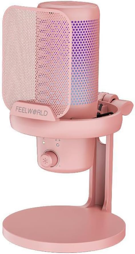 FEELWORLD VM1 USB Condenser Gaming Microphone for Streaming Noise Cancellation Mute RGB Light Desktop Stand Pink