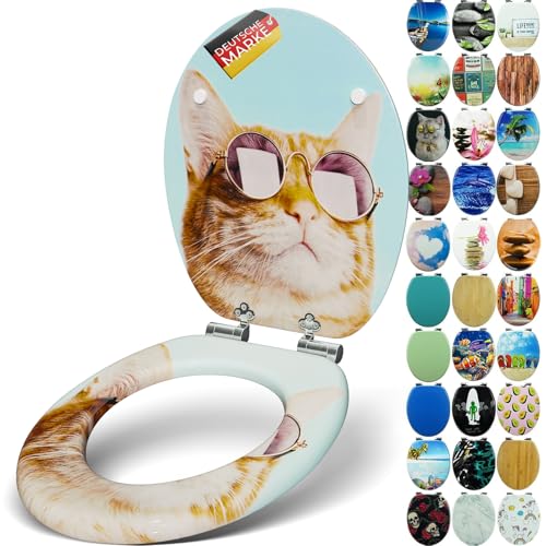 SANFINO® Premium WC Sitz mit Absenkautomatik – hochwertige Toilettendeckel aus Holz, viele bunte Motive, hoher Sitzkomfort, einfache Montage inklusive Montageanleitung – Cool Cat