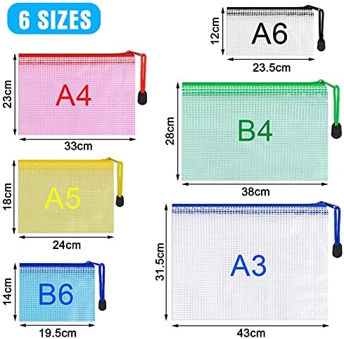 Smarpau Document Zipper Bags with Assorted Size,12 PCS Mesh Pencil Case Plastic Folders Document Wallets File Zipper Bags Ziplock Bags Storage Pouch for School, Home, Office Supply and Travel(6 Size)