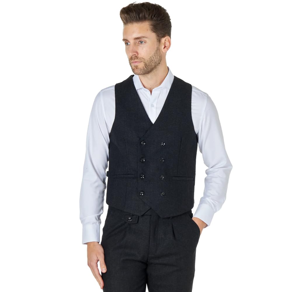 Xposed TYLER Men’s Tweed Waistcoat Retro 1920s Double Breasted Herringbone Retro Tailored Fit Vest [WDB-TYLER-DARK-GREY-42]
