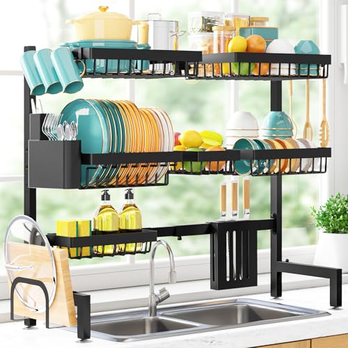 Sakugi Over The Sink Dish Drying Rack - Adjustable 3 Tier XX-Large Capacity Stainless Steel Drainer with Cutlery & Utensil Holders