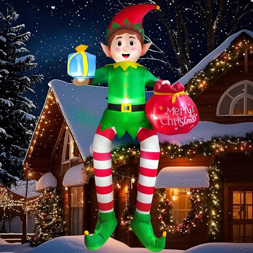 CORALMEE 10FT Christmas Inflatable Outdoor Decoration, Sitting Elf Inflatable Christmas Blow up Yard Decorations with LED Lights, Elf Outdoor Decoration for Garden Lawn Roof