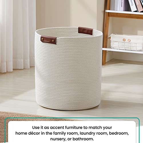 Organizix Large Cotton Rope Laundry Hamper Woven Basket With Leather Handles, Storage Basket For Toys, Blanket, Throws, Pillows And Towels - 16 X 18, Cream #TOP2