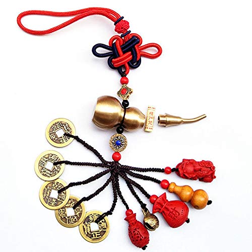 Yigedan Feng Shui Pièces de monnaie avec calabash en laiton pour la richesse et la sécurité utilisées comme carillon à vent intérieur de voiture Décoration de sac Cover