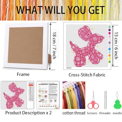 Image of Tiwabb Cross Stitch Kits for Adults Beginners,Pink Dog Cross Stitch Kits with Framed,Puppy Embroidery Kit for Beginners,Partial 11CT Cross-Stitch Arts and Crafts for Adults 7x7inch