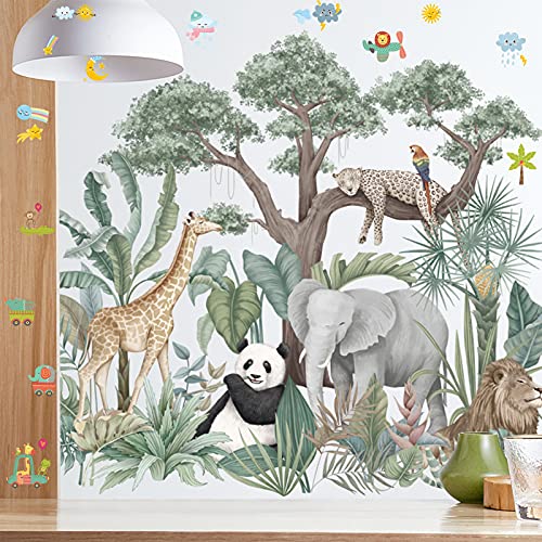 Cartoon Jungle Animals Wall Stickers, Elephant Giraffe Panda Leopard Green Plants Animal Kids Wallpaper Decals, Removable Diy Zoo Art Mural For Baby Bedroom Nursery Living Room Home Decoration(F) #TOP4