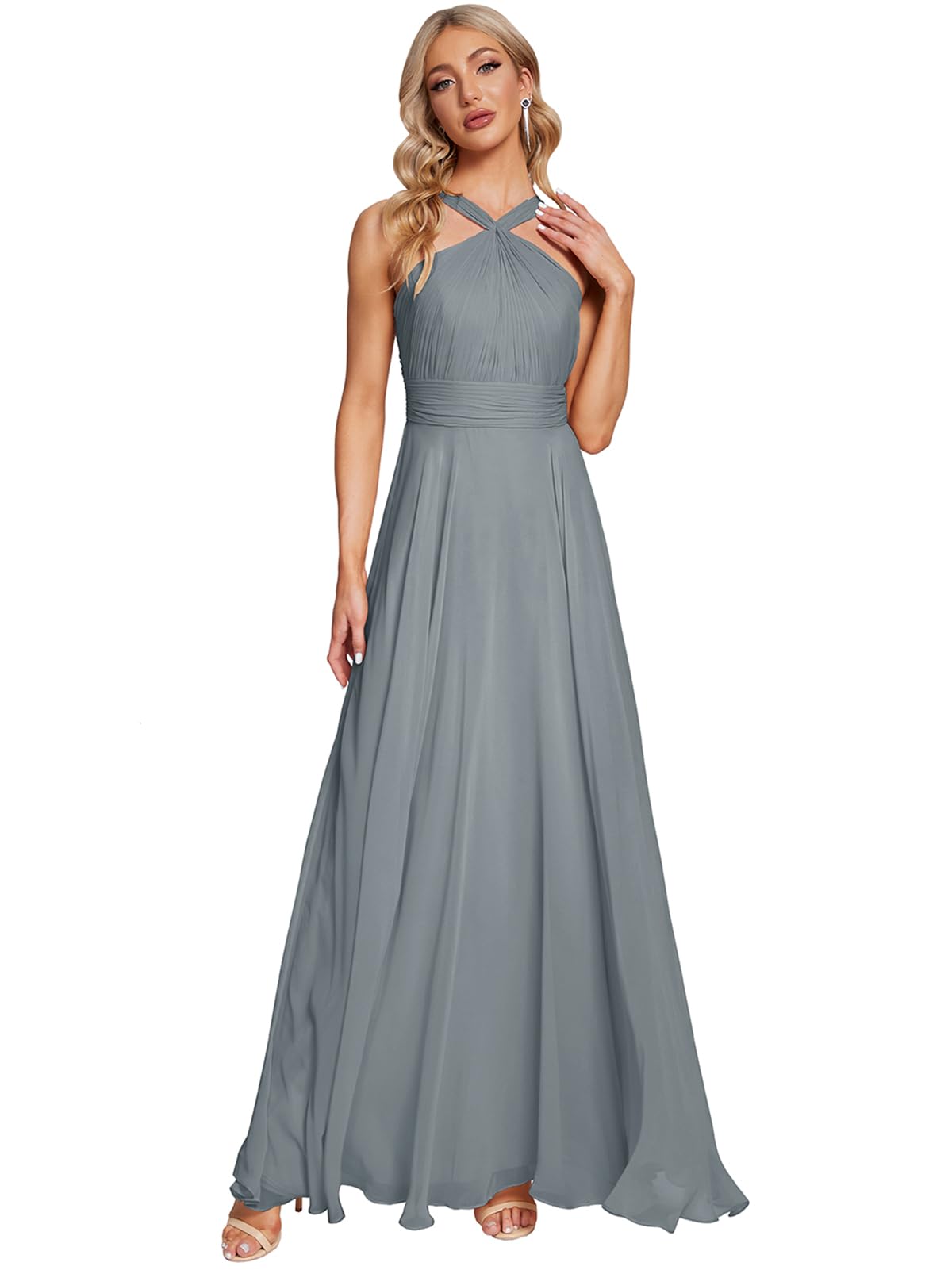 symdem Long Bridesmaid Dresses for Women 2026 Ruffly Chiffon Formal Gown Halter Wedding Guest Dress SY16