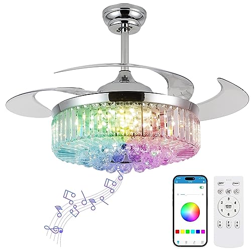 Image of ARONKID Crystal Ceiling Fan with Light,48" Retractable Ceiling Fans with Speaker and Remote,Chandelier Fan with RGB Colorful Lights,Adjust 6 Speed Reverse(Silver+Crystal)