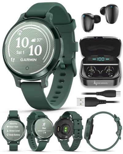 Image of Wearable4U Garmin Lily 2 Active, Jasper Green with Jasper Green Silicone Band, Smartwatch, Built-in GPS, Hidden Display, Patterned Lens, Up to 9 Days Battery Life w Black Earbuds Bundle