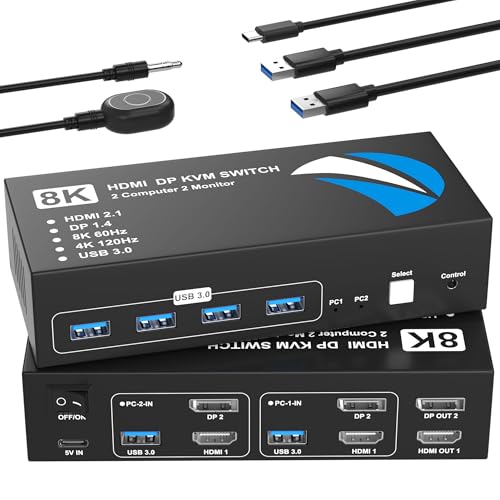 Image of 8K@60Hz HDMI DisplayPort KVM Switch 2 Monitors 2 Computers, 4K@120Hz Dual Monitor KVM Switches HDMI DisplayPort for 2 Computers Share 2 Monitors and 4 USB Devices for Keybord Mouse Printer Hard Drive