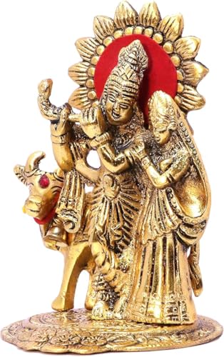 Estatua decorativa Radha Krishna con vaca de metal blanco 5x4x6 in