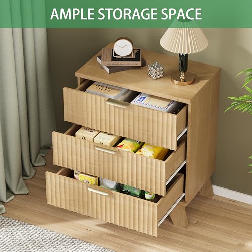 Fluted Nightstand, 24" Wide Side Table with 3 Large Storage Drawers, Mid Century Modern Wood Night Stand with Metal Handle, Wooden Bedside End Table for Bedroom, Living Room, Closet, Natural Oak - Image 6