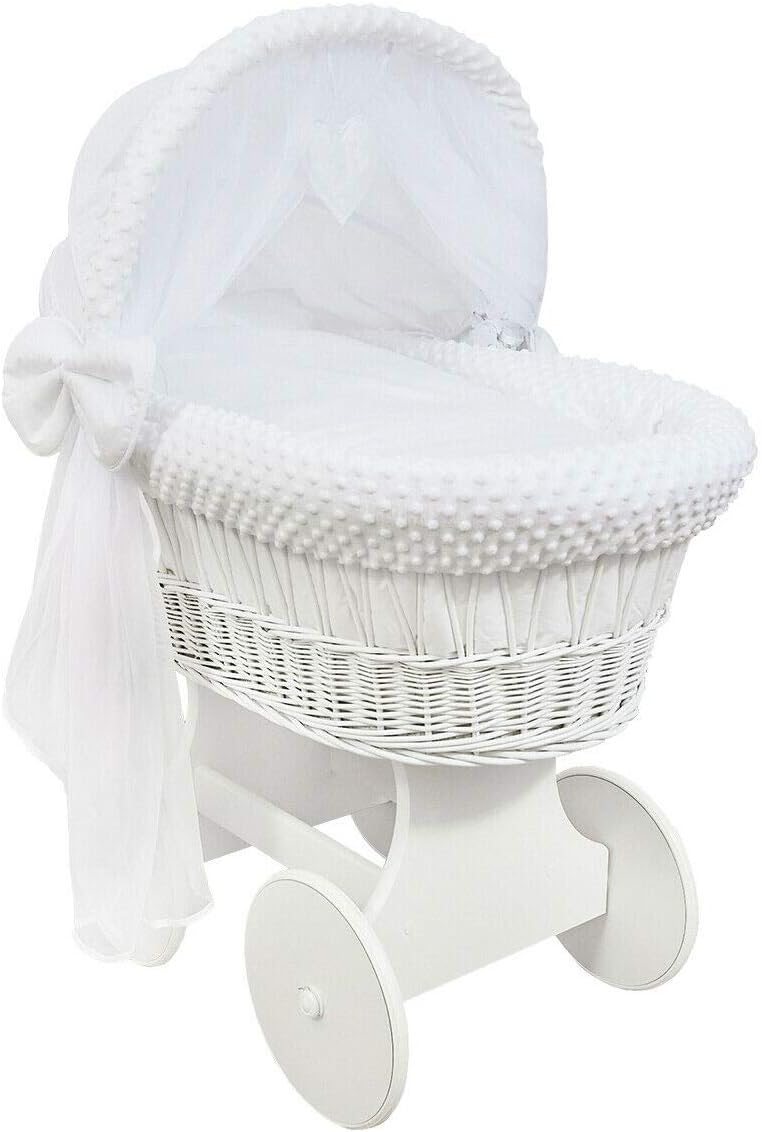 Hooded Wicker Wheel Baby Moses Basket Crib with Full Cotton Bedding Set Liner Cover and