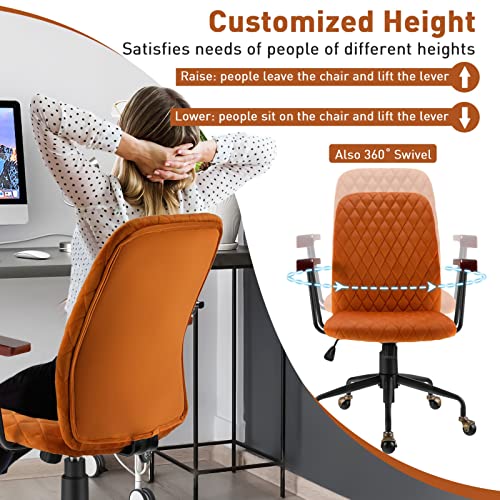 Velvet Home Office Desk Chair With Wooden Armrests, Adjustable Swivel Vintage Mid-Back Leisure Chair With Padded Seat, Task Chair Upholstered Computer Chair For Work Study (Orange) #TOP4