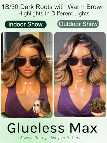 Image of KLAIYI Pre Everything13x4 Lace Front Glueless Bob Loose Body Wave Wig Human Hair Drawstring Ombre Brown Bye Bye Slip Pre Plucked Bleached Knots Ready to Wear and Go Wig with Face Framing Bang 12Inch