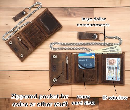 Image of F&L CLASSIC RFID Blocking Men's Tri-fold Vintage Biker Cowhide Leather Steel Chain Wallet,Snap closure, USA,Vintage buffalo brown,315