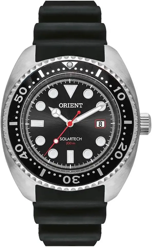 Relógio Orient Masculino Solar Tech 200M - MBSP1038/P1PX - Prata com Mostrador Preto e Pulseira de Silicone Preta