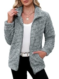 BesserBay Winter Damen Warm Taschen Reißverschluss Stehkragen Fleece Jacke Bequem Plüschjacke Grau XXL