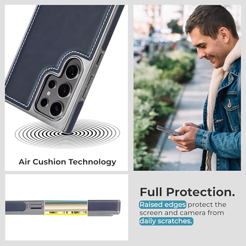 Image of PULOKA Chrome Leather Back Case - Compatible with Samsung Galaxy S23 Ultra - Luxury Bumper Case - Flexible Vegan Leather - Electroplated Sides - Full Camera Protetection & Raised Edges - Blue