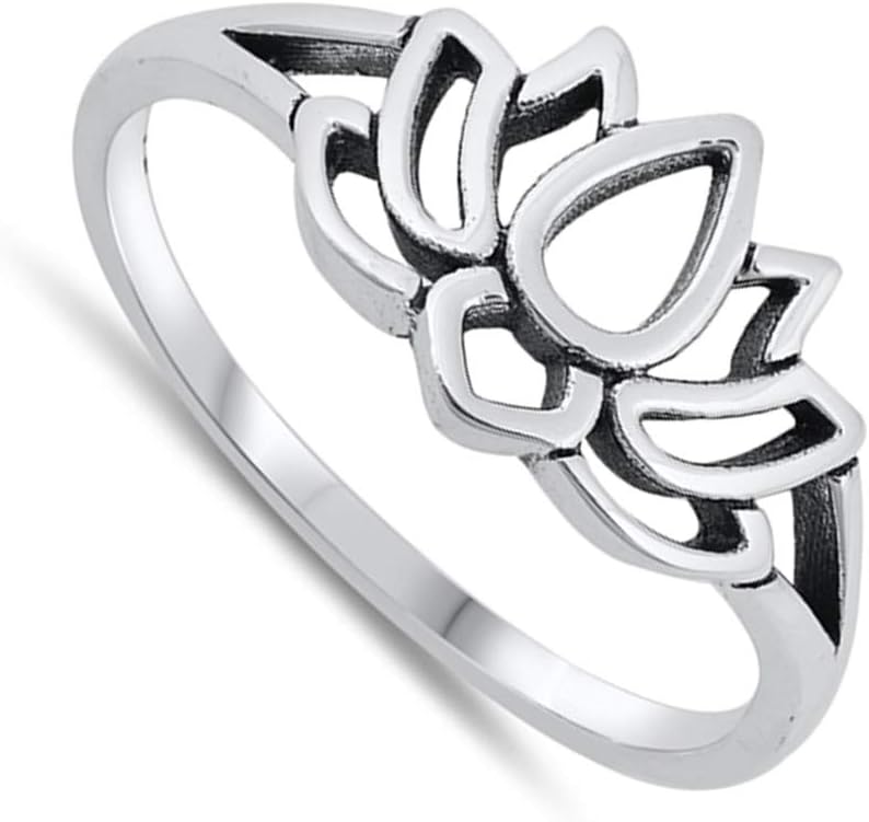 Oxidized Lotus Flower Leaf Yoga Blossom Ring 925 Sterling Silver Band Sizes 4-12