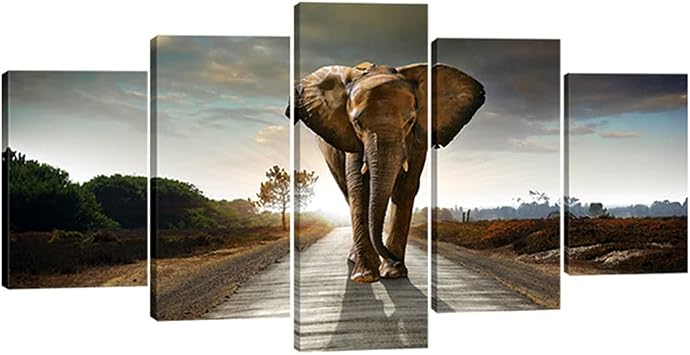 Wieco Art Elephant Canvas Prints Wall Art Animals Pictures to Photo Paintings Decor for Living Room Bedroom Home Decorations 5 Piece Modern Stretched and Framed Grace Grey Landscape Giclee Artwork