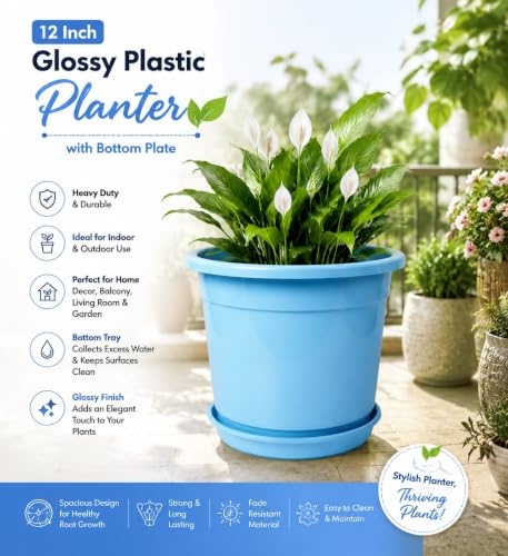 Image of 12 Inch Glossy Plastic Planter with Bottom Plate | Heavy Duty Flower Pot with Tray for Indoor Home Decor, Balcony, Living Room & Outdoor Garden (6 Pot, Ocean Blue)