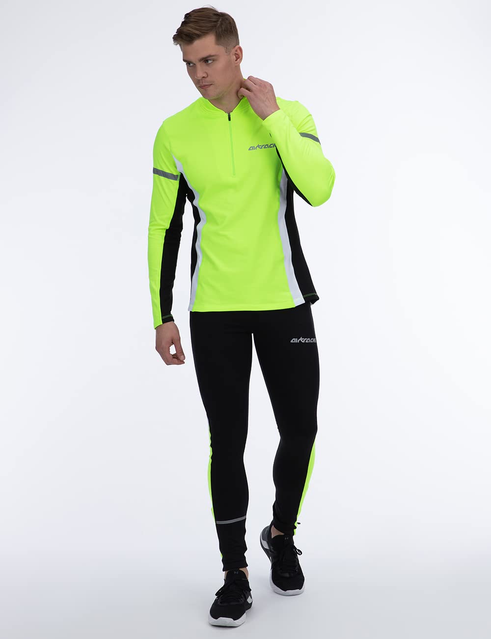Airtracks Herren Winter Funktions Laufshirt Langarm - Thermo Running Sweatshirt - Fleece T-Shirt - Warm - Winddicht - Atmungsaktiv - Reflektoren