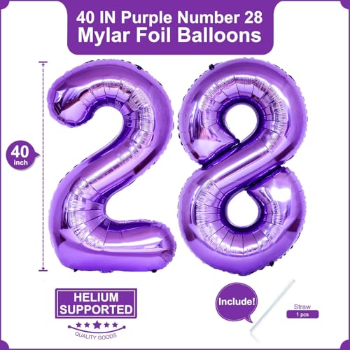 Image of Number 28 Purple Balloons 40 Inch Giant Purple Foil 28 Helium Balloons for 28th Purple Birthday Party Supplies 28th Anniversary Events Decorations