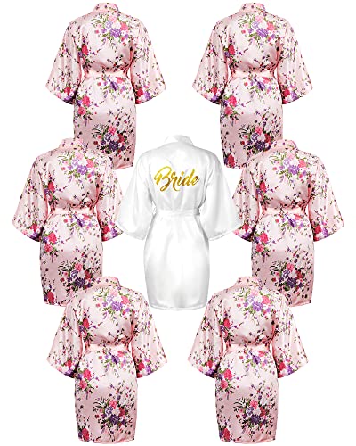 Jecery 7 Pcs Floral Bride Bridesmaid Robes Short Satin Kimono Robe Glitters for Women Wedding Bridal Party(White, Pink)