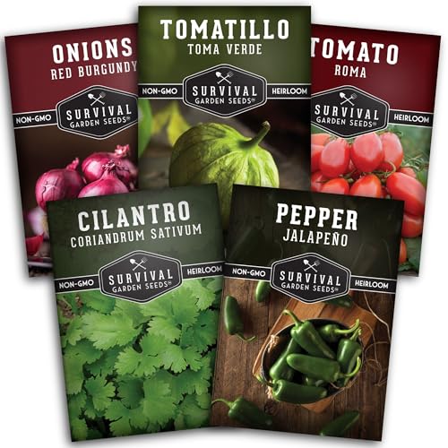 5 Variety Salsa Garden Seed Kit Seeds for Planting Tomato Tomatillo Onion Jalapeo & Cilantro | Non-GMO Heirloom Collection by Survival Garden Seeds