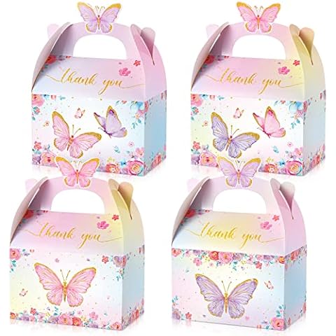 Nezyo 24 Pcs Butterfly Party Favor Treat Boxes, Pink and Purple Butterfly Floral Goodie Gable Candy Box Paper Gift Box for Birthday Party Supplies Baby Shower Wedding Party Cover