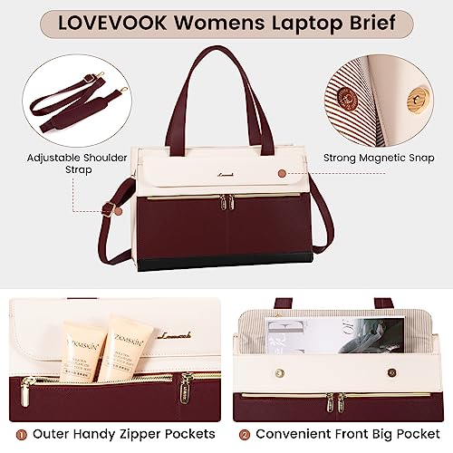 Image of LOVEVOOK Laptop Tote - 15.6 Inch Professional Leather Computer Briefcase - Waterproof Shoulder Bag - Large Capacity Business Teacher Office Bag - Crossbody Purse