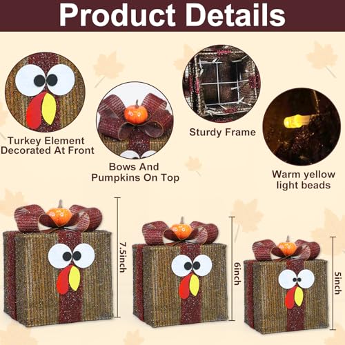 [Timer & 8 Modes]３Pack Thanksgiving Decorations Turkey Lighted Gift Boxes with 3D Pumpkin 60 LED Lights Glitter Tinsel Battery Operated Thanksgiving Outdoor Light Up Present Boxes for Home Yard Decor by TURNMEON - Image 2