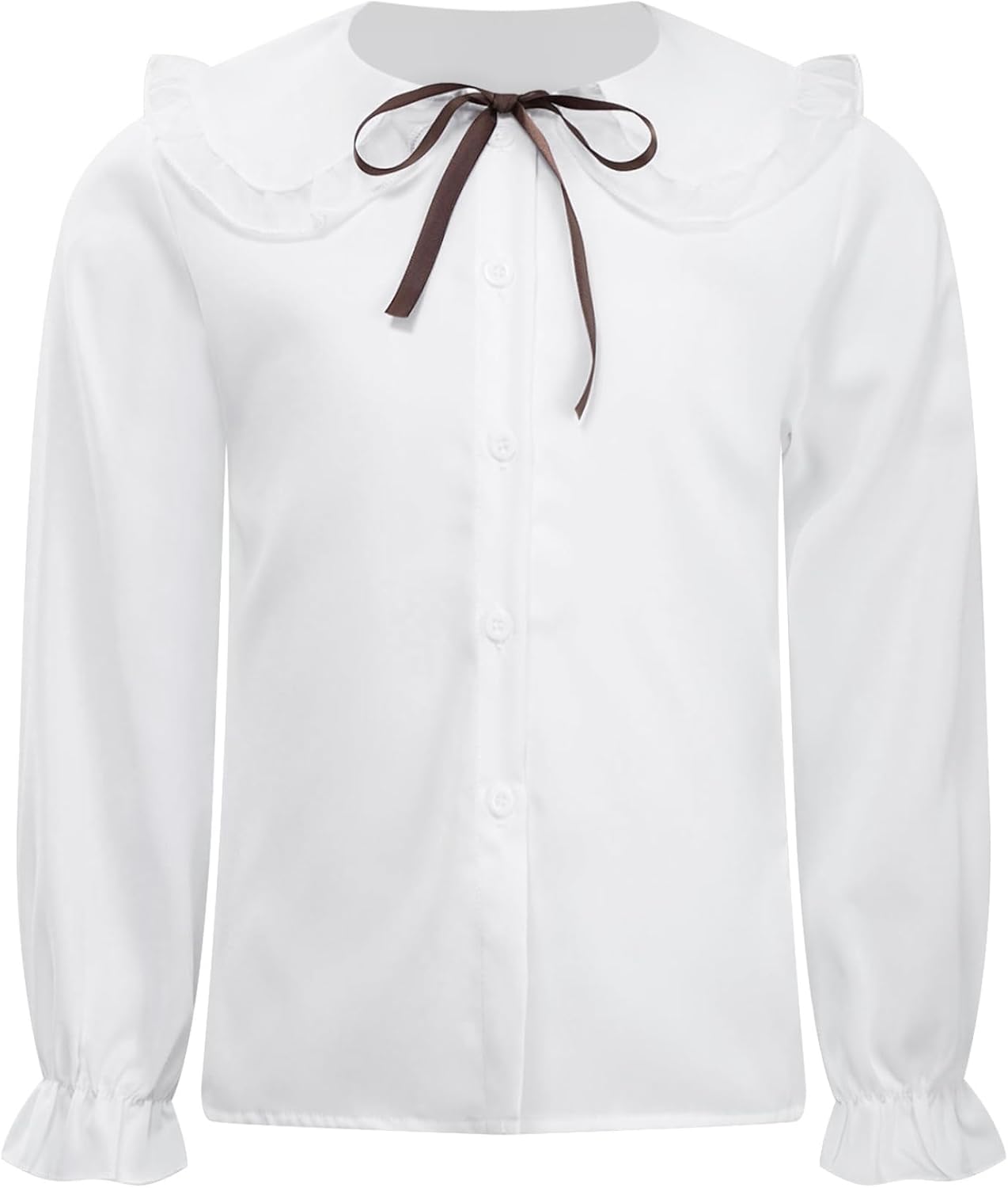 Girls Ruffle Princess Lace Collar Bowtie Button Down Blouse Long Sleeve Solid School Uniform Shirts for Kids