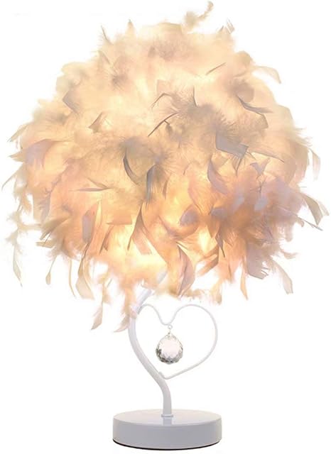 Feather Bedside Lamp with Crystal in Heart Shape, Feather Bedside Lampshade Feather Table Light Desk Lampshade for Living Room, Bedroom, Dining Room
